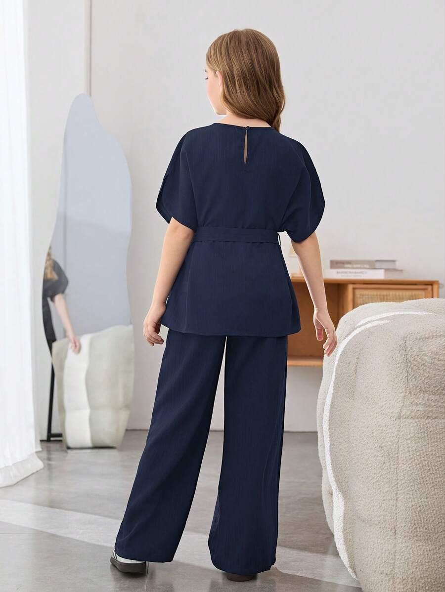 Tween Girls Textured Loose Drop Shoulder Tie-Waist Letter Print Blouse And Wide Leg Pants