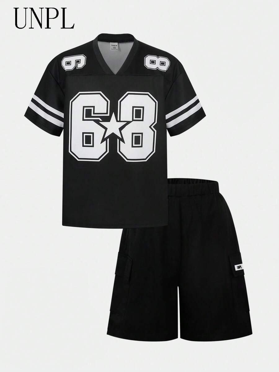 Unique Design 68 Number V-Neck American Football Style Casual Short Sleeve T-Shirt And Pocket Patched Shorts