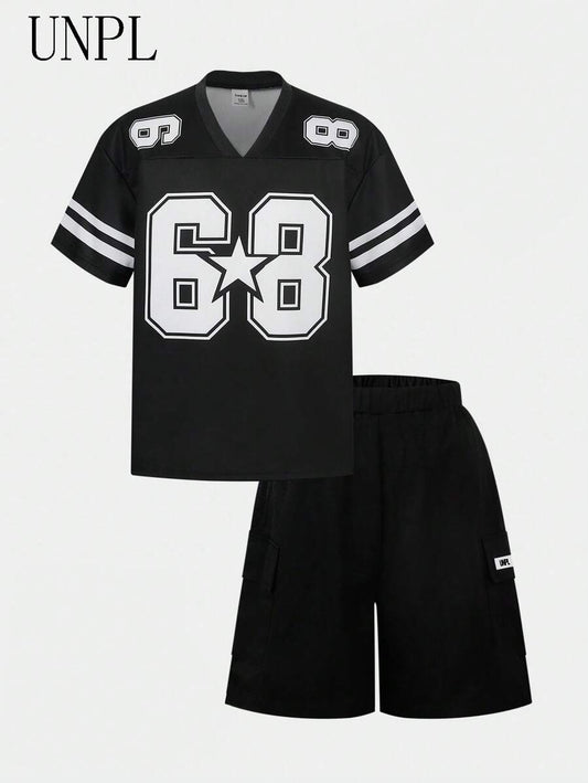 Unique Design 68 Number V-Neck American Football Style Casual Short Sleeve T-Shirt And Pocket Patched Shorts