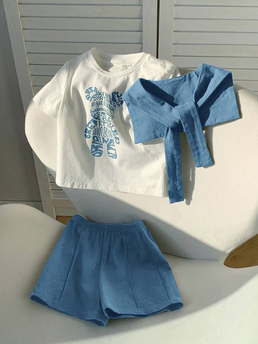 Casual Cute Cartoon Bear Print T-Shirt Top, Knit Shorts, And Blue Shawl Blue & White