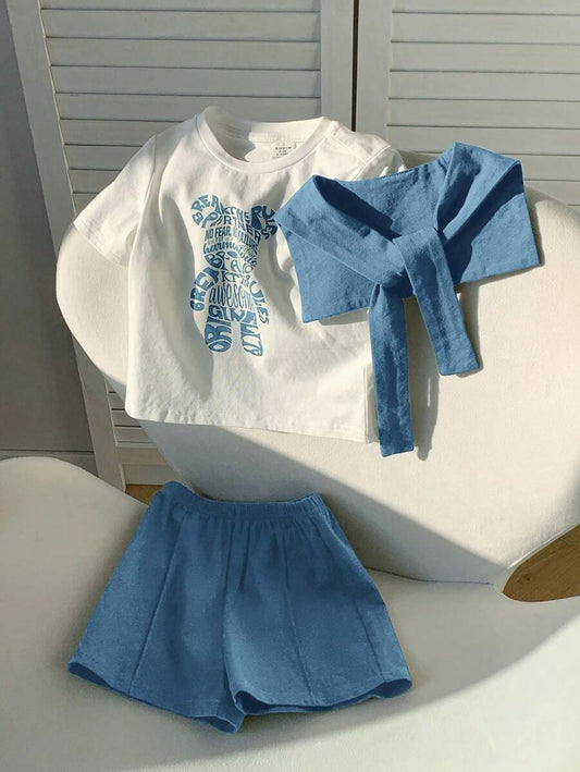 Casual Cute Cartoon Bear Print T-Shirt Top, Knit Shorts, And Blue Shawl Blue & White