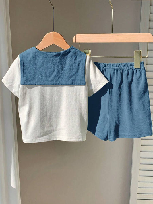 Casual Cute Cartoon Bear Print T-Shirt Top, Knit Shorts, And Blue Shawl