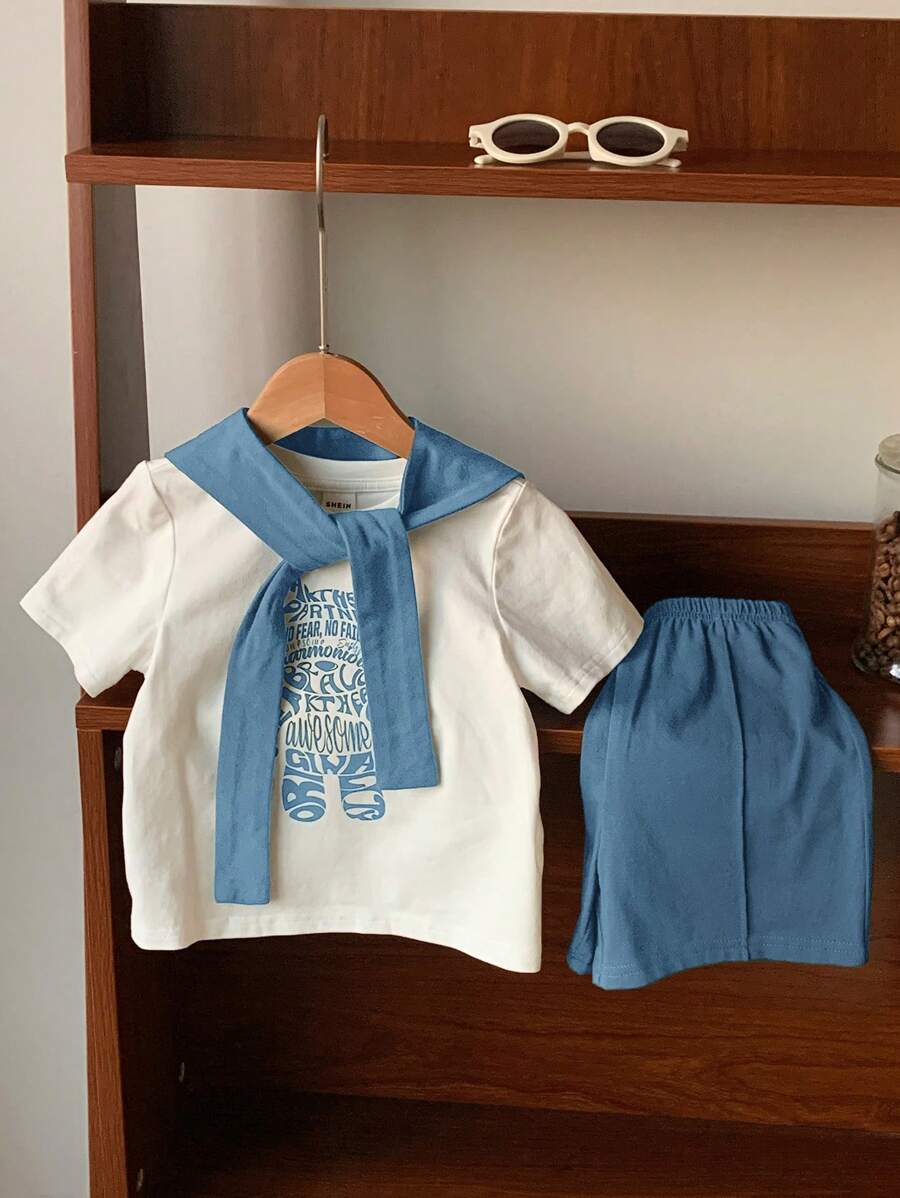 Casual Cute Cartoon Bear Print T-Shirt Top, Knit Shorts, And Blue Shawl