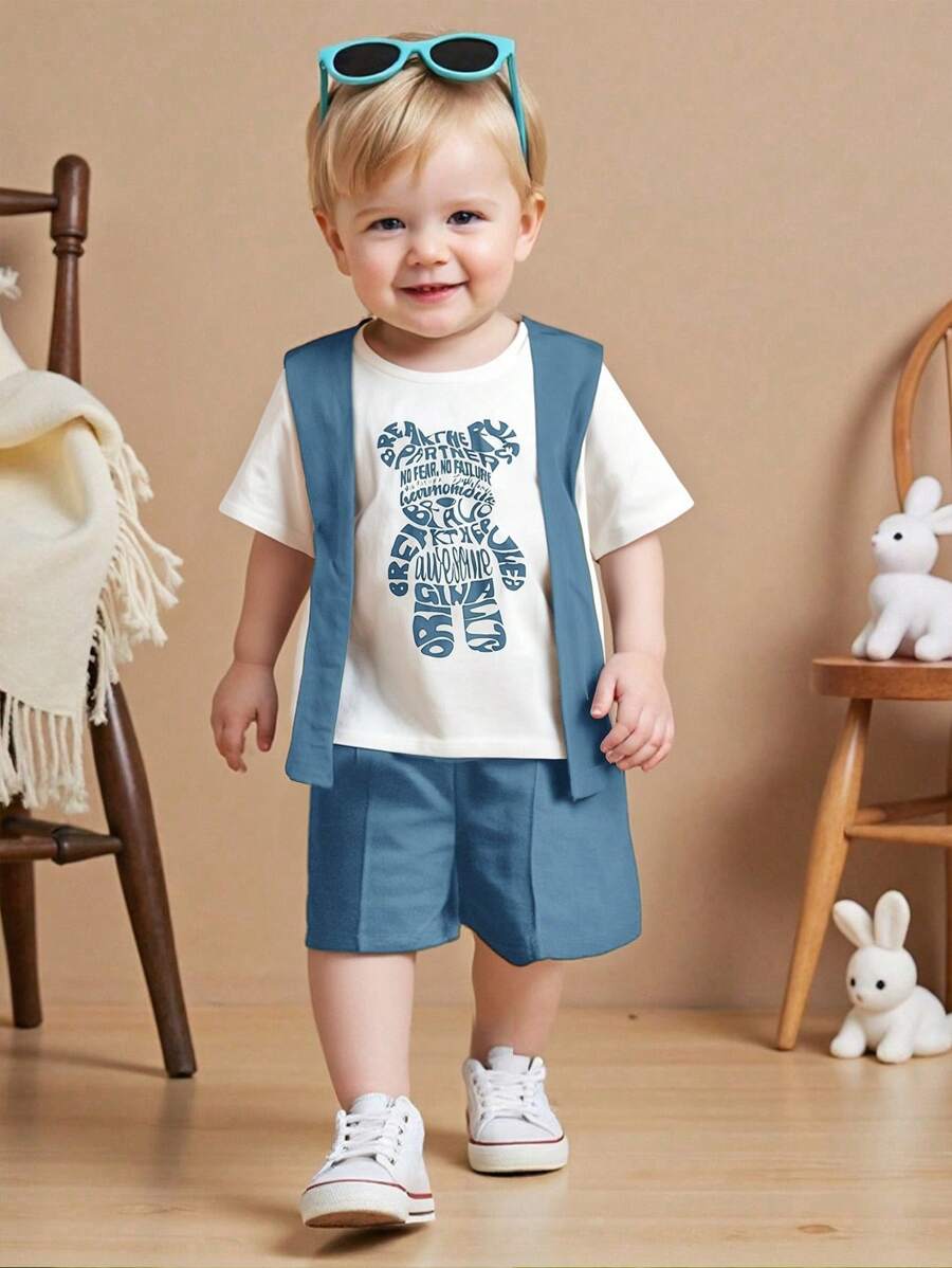 Casual Cute Cartoon Bear Print T-Shirt Top, Knit Shorts, And Blue Shawl