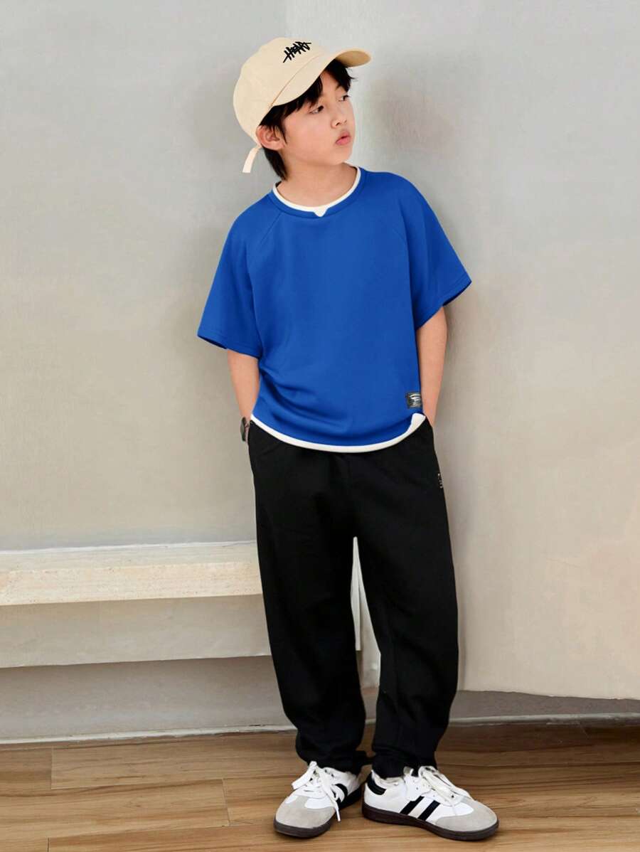 Tween Boy Mock Collar Casual T-Shirt And Sweatpants Set Royal Blue