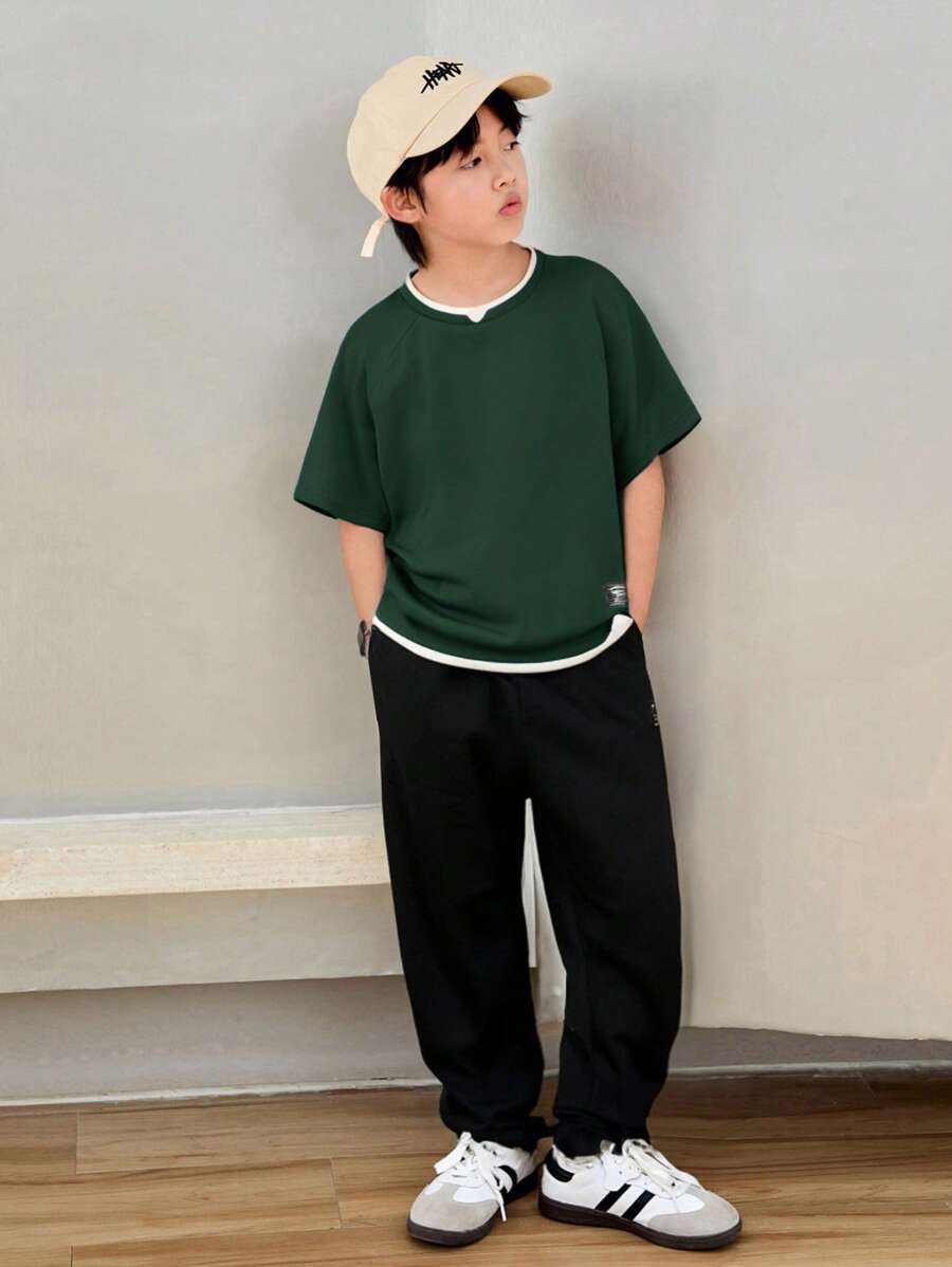 Tween Boy Mock Collar Casual T-Shirt And Sweatpants Set Dark Green