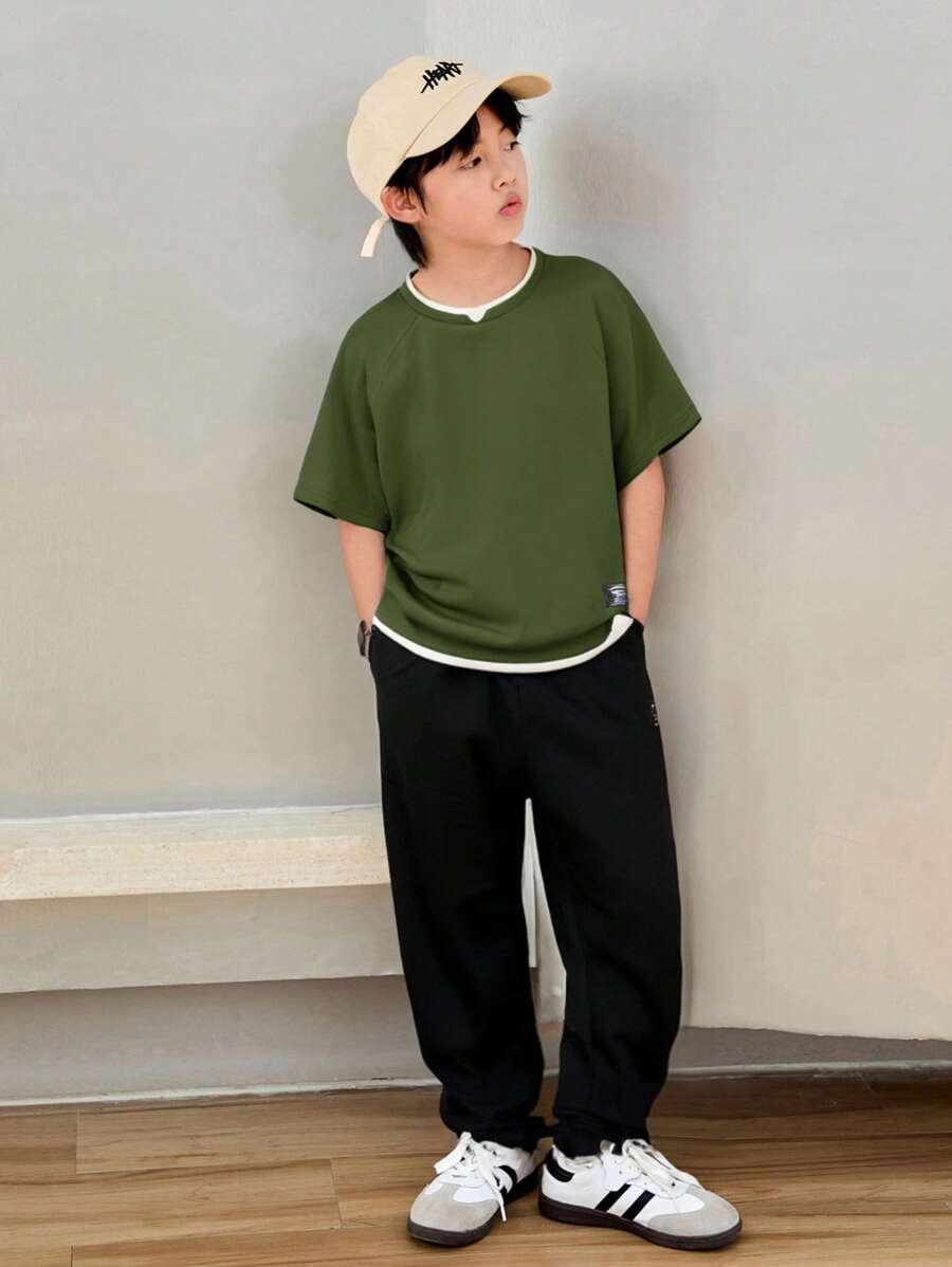 Tween Boy Mock Collar Casual T-Shirt And Sweatpants Set Army green