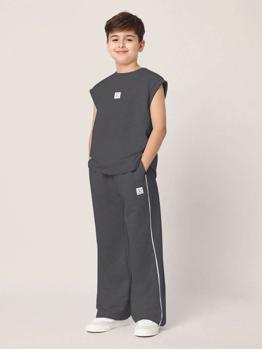 Tween Boys Comfy Regular Fit Tank Top And Contrast Straight Fit Sweatpants Dark Grey