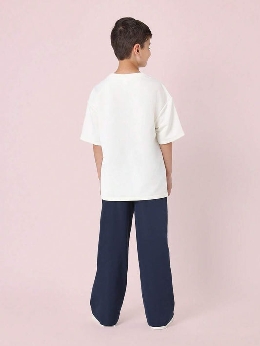 Tween Boys Comfy Oversized Fit Elbow Sleeve Tee With Small Graphic Print And Contrast Loose Fit Parachute Nylon Pant