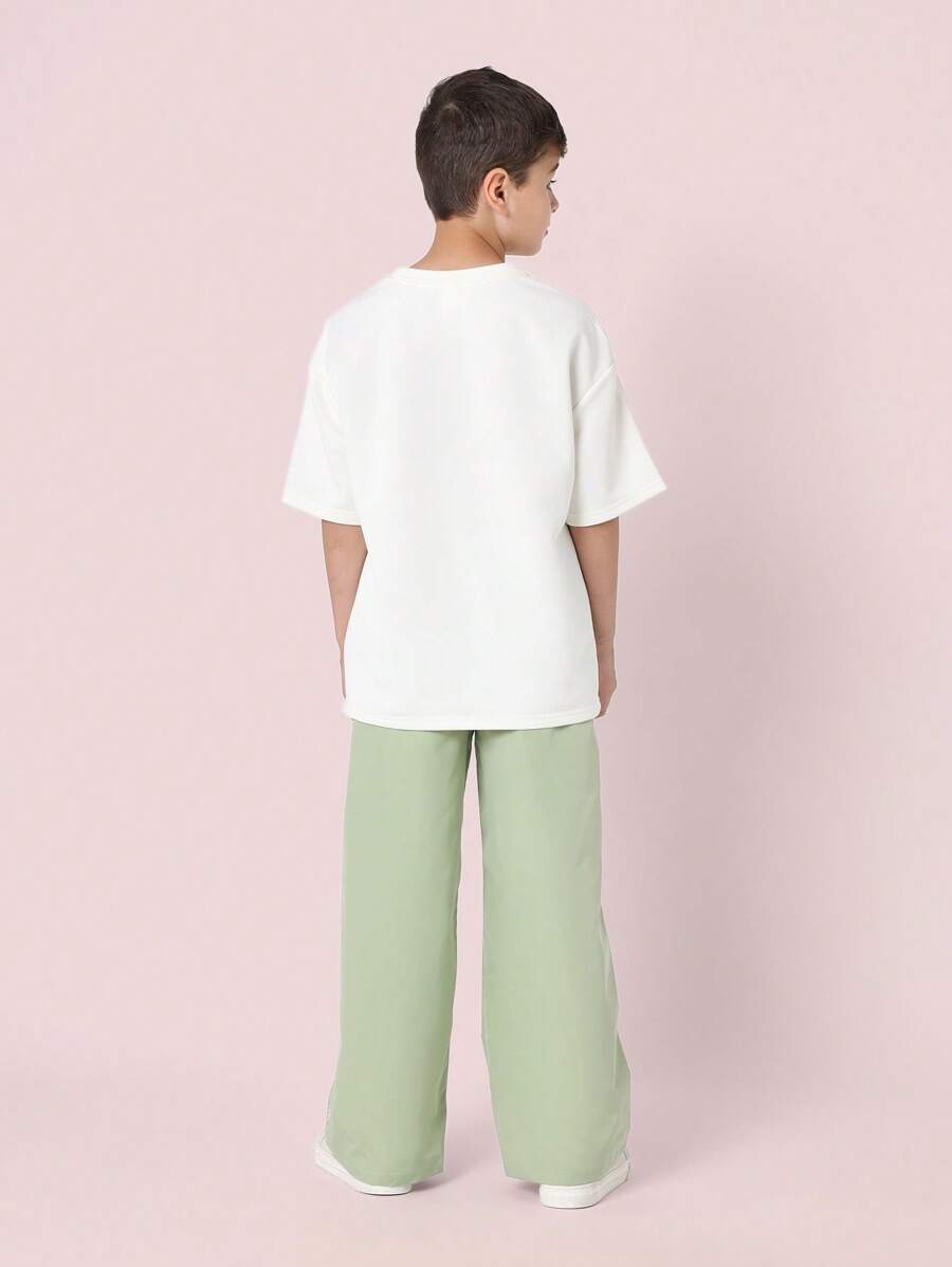 Tween Boys Comfy Oversized Fit Elbow Sleeve Tee With Small Graphic Print And Contrast Loose Fit Parachute Nylon Pant