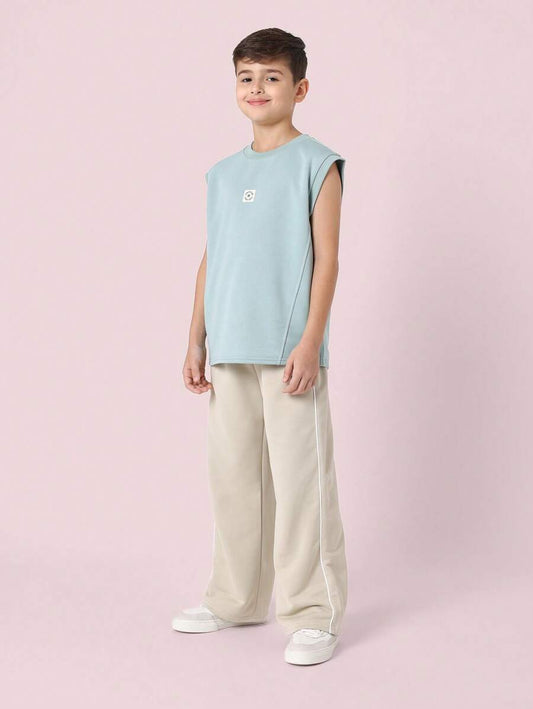 Tween Boys Comfy Regular Fit Tank Top And Contrast Straight Fit Sweatpants Teal Blue
