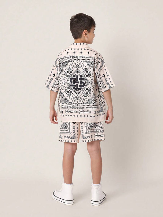 Tween Boys Comfy Oversized Fit Paisley Bandana Printed Short Sleeve Shirt And Short Khaki