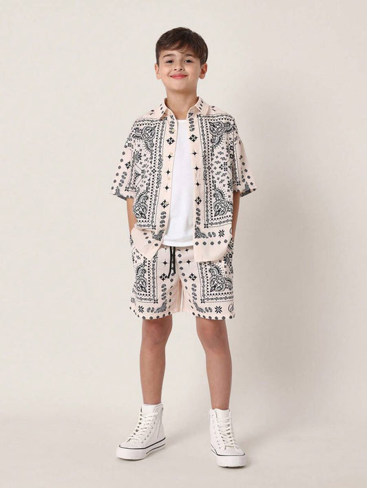 Tween Boys Comfy Oversized Fit Paisley Bandana Printed Short Sleeve Shirt And Short