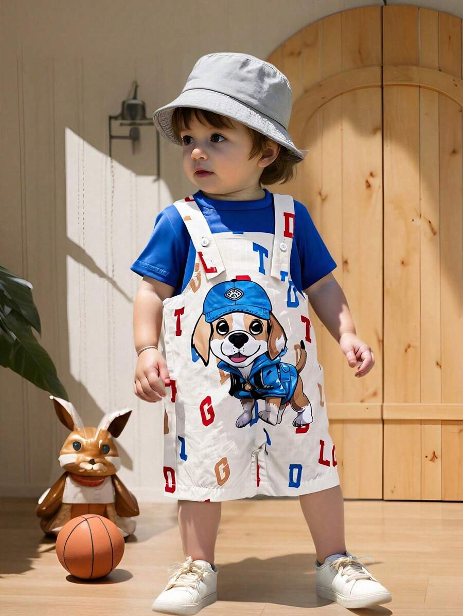 Baby Boy Cute Puppy Pattern Print Bib Overalls Set With Blue T-Shirt