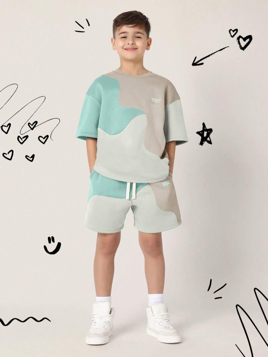 Tween Boys Comfy Regular Fit Colour Block Curve Panelled Tee And Shorts Teal Blue