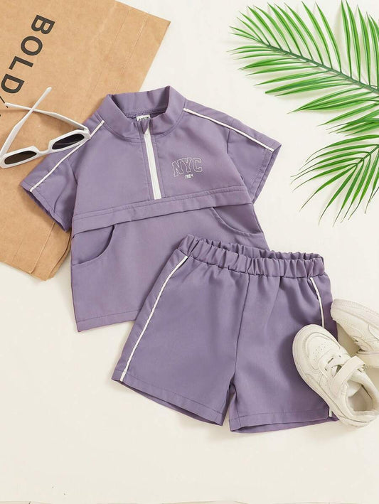 Boy's Sports Style Purple Woven Half-Zip Top And Shorts Set Purple