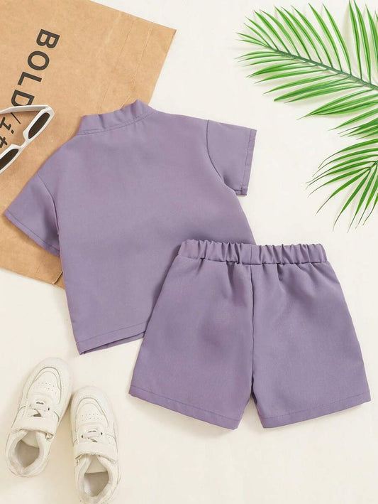 Boy's Sports Style Purple Woven Half-Zip Top And Shorts Set
