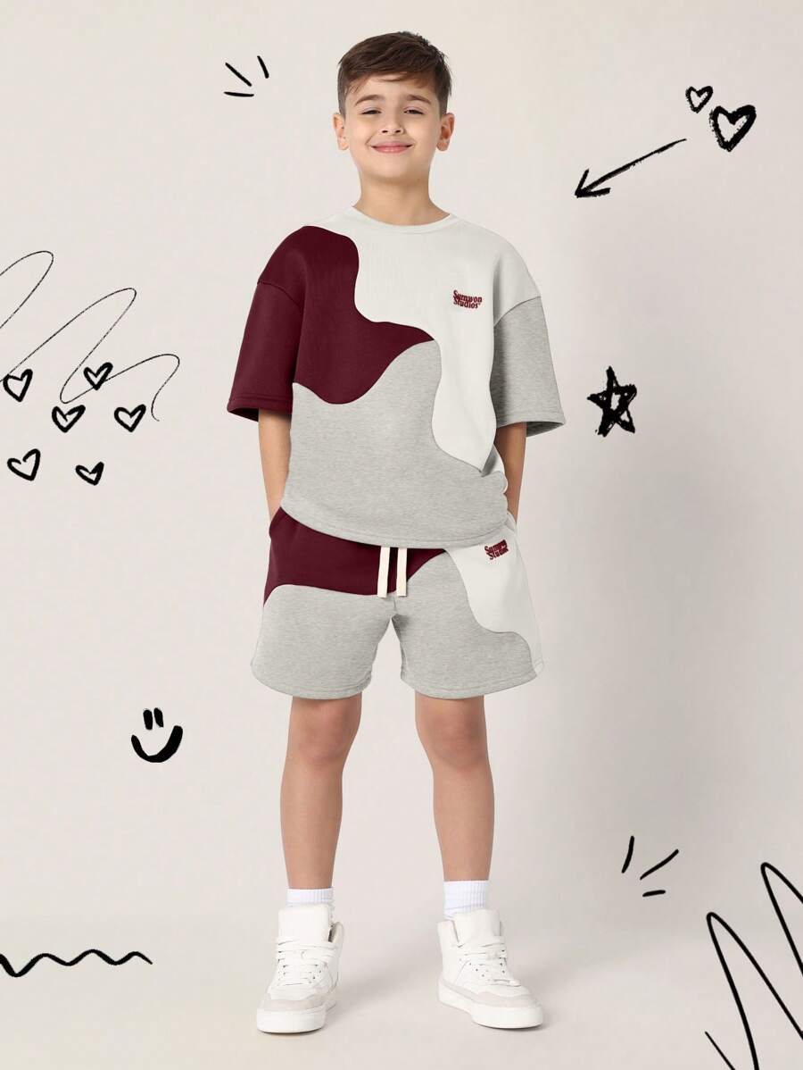 Tween Boys Comfy Regular Fit Colour Block Curve Panelled Tee And Shorts Light Grey