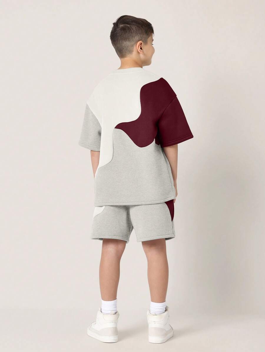 Tween Boys Comfy Regular Fit Colour Block Curve Panelled Tee And Shorts