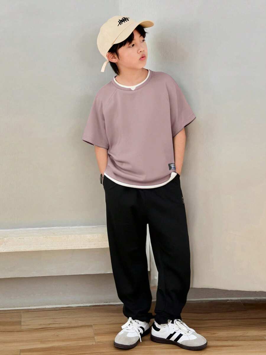 Tween Boy Mock Collar Casual T-Shirt And Sweatpants Set Dusty Pink