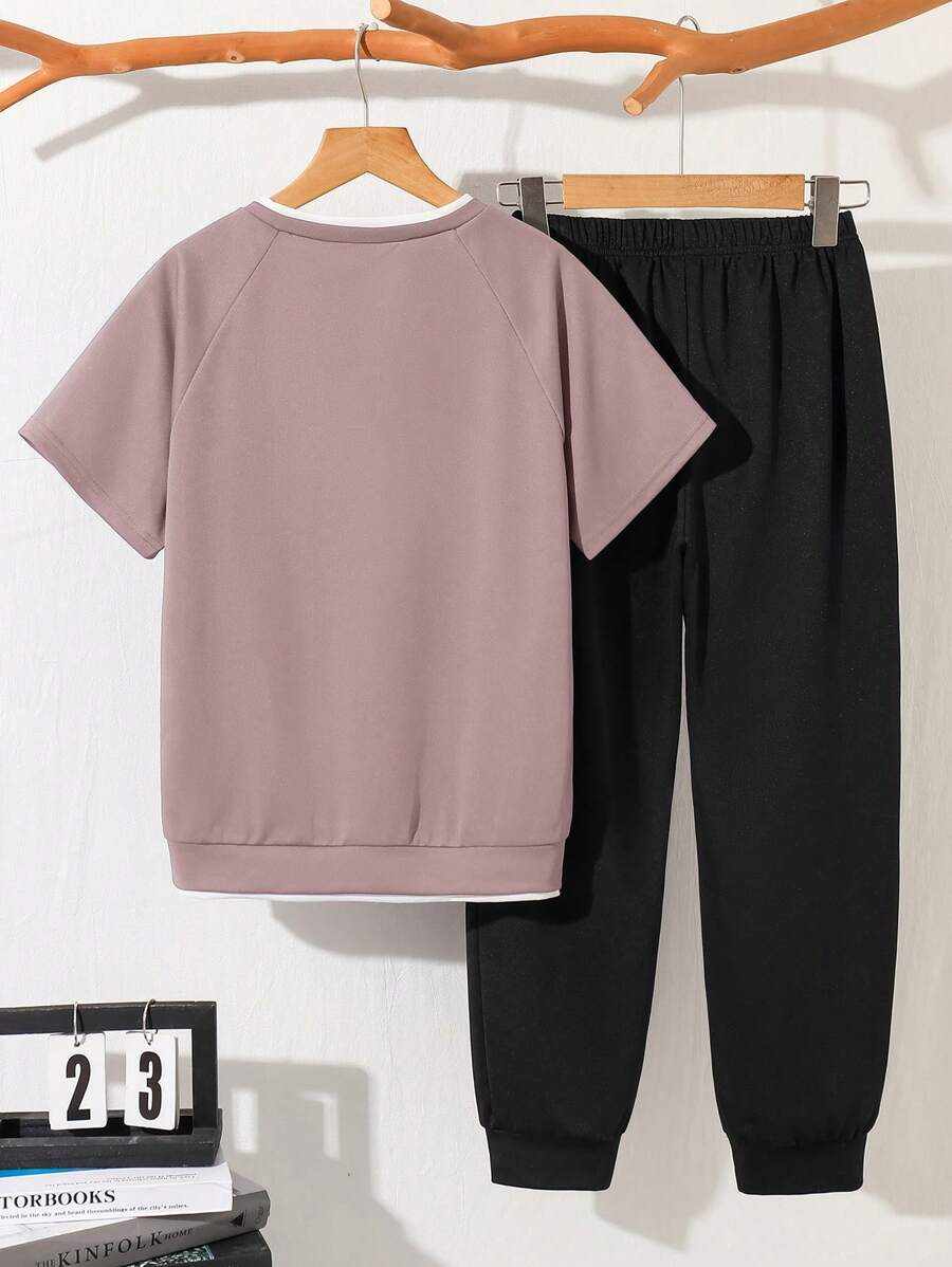 Tween Boy Mock Collar Casual T-Shirt And Sweatpants Set