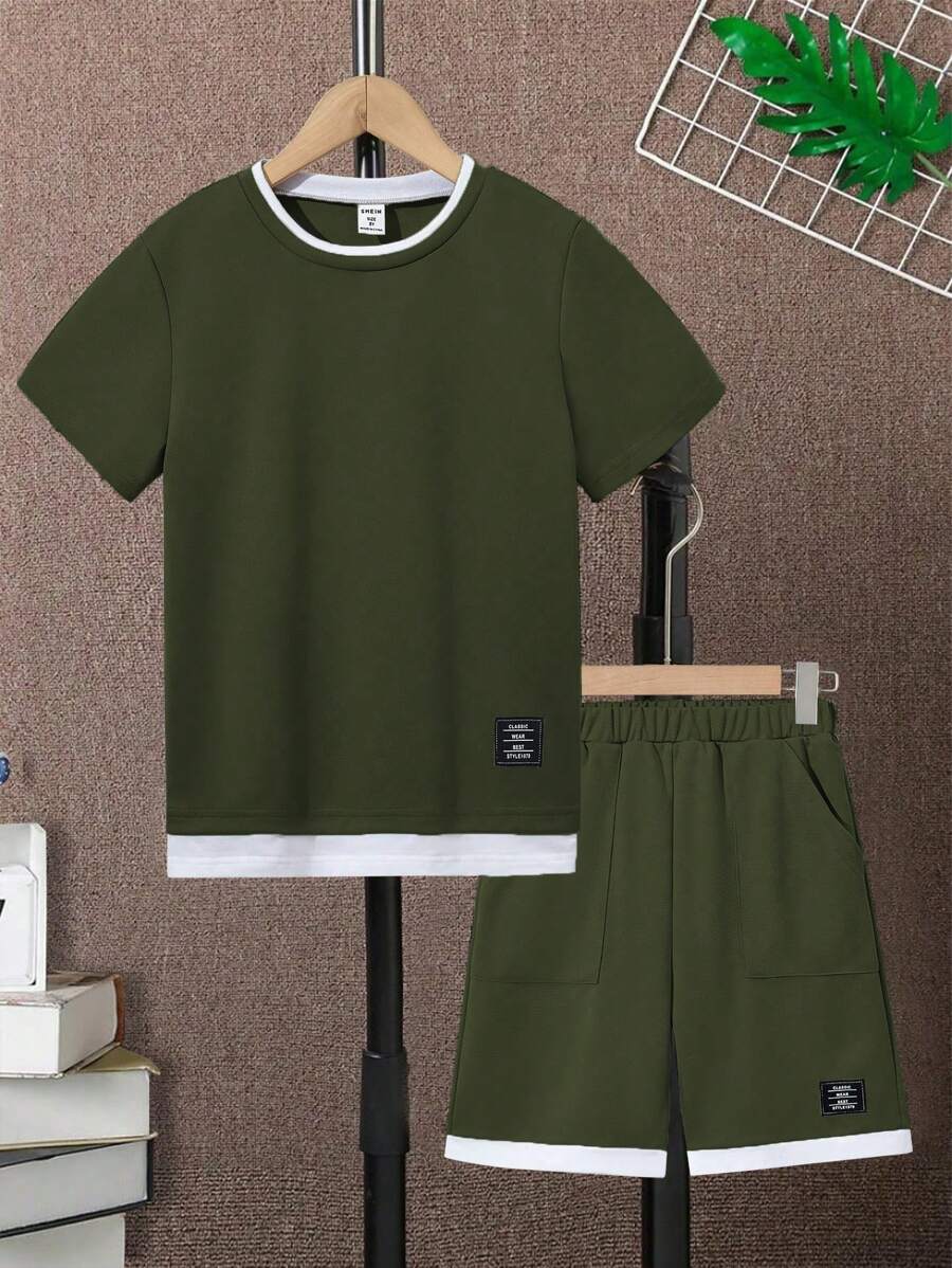 Tween Boy Letter Patched Detail 2 In 1 Tee & Shorts Army green 2
