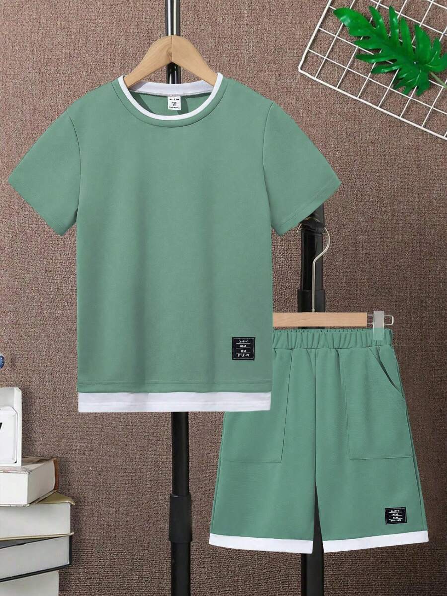 Tween Boy Letter Patched Detail 2 In 1 Tee & Shorts Lime Green