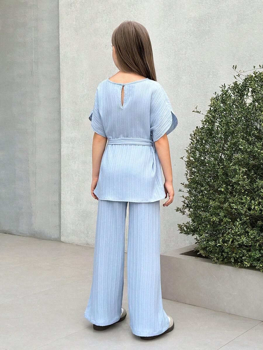 Tween Girls Textured Loose Drop Shoulder Tie-Waist Letter Print Blouse And Wide Leg Pants