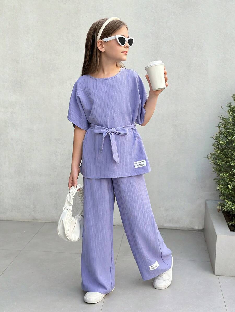 Tween Girls Textured Loose Drop Shoulder Tie-Waist Letter Print Blouse And Wide Leg Pants Mauve Purple