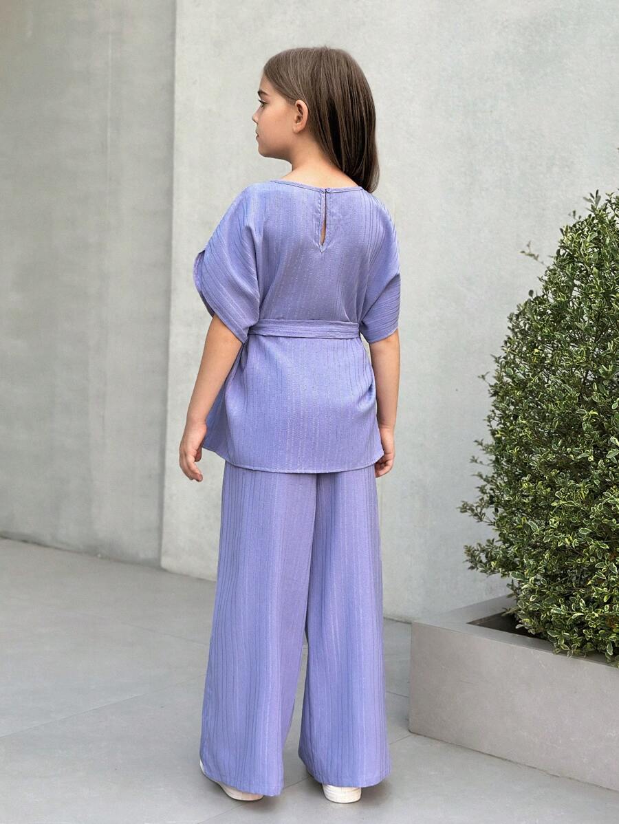Tween Girls Textured Loose Drop Shoulder Tie-Waist Letter Print Blouse And Wide Leg Pants