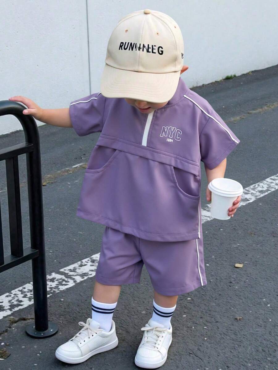 Boy's Sports Style Purple Woven Half-Zip Top And Shorts Set