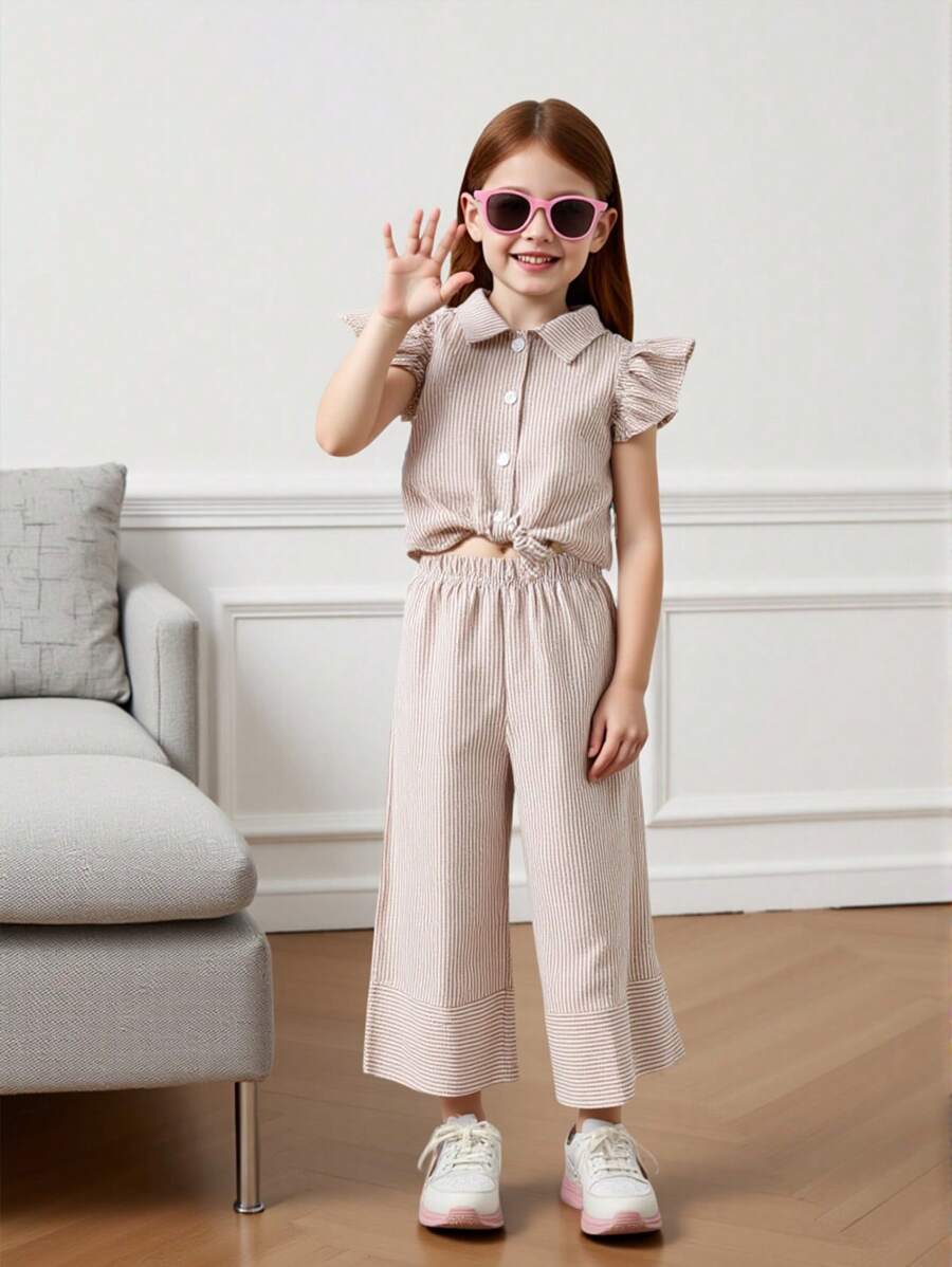 2pcs Young Girl Striped Cap Sleeve Button-Up Shirt And Pants Set Khaki