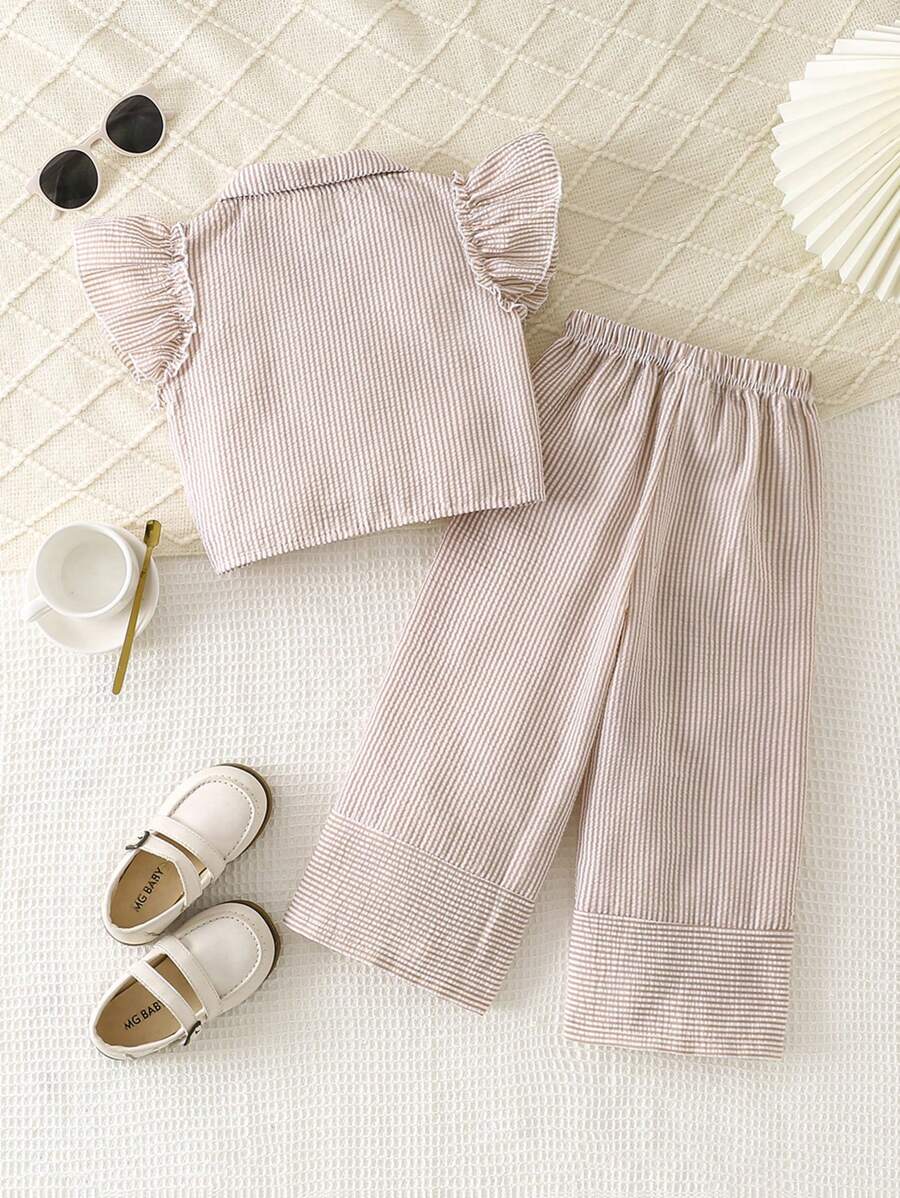 2pcs Young Girl Striped Cap Sleeve Button-Up Shirt And Pants Set