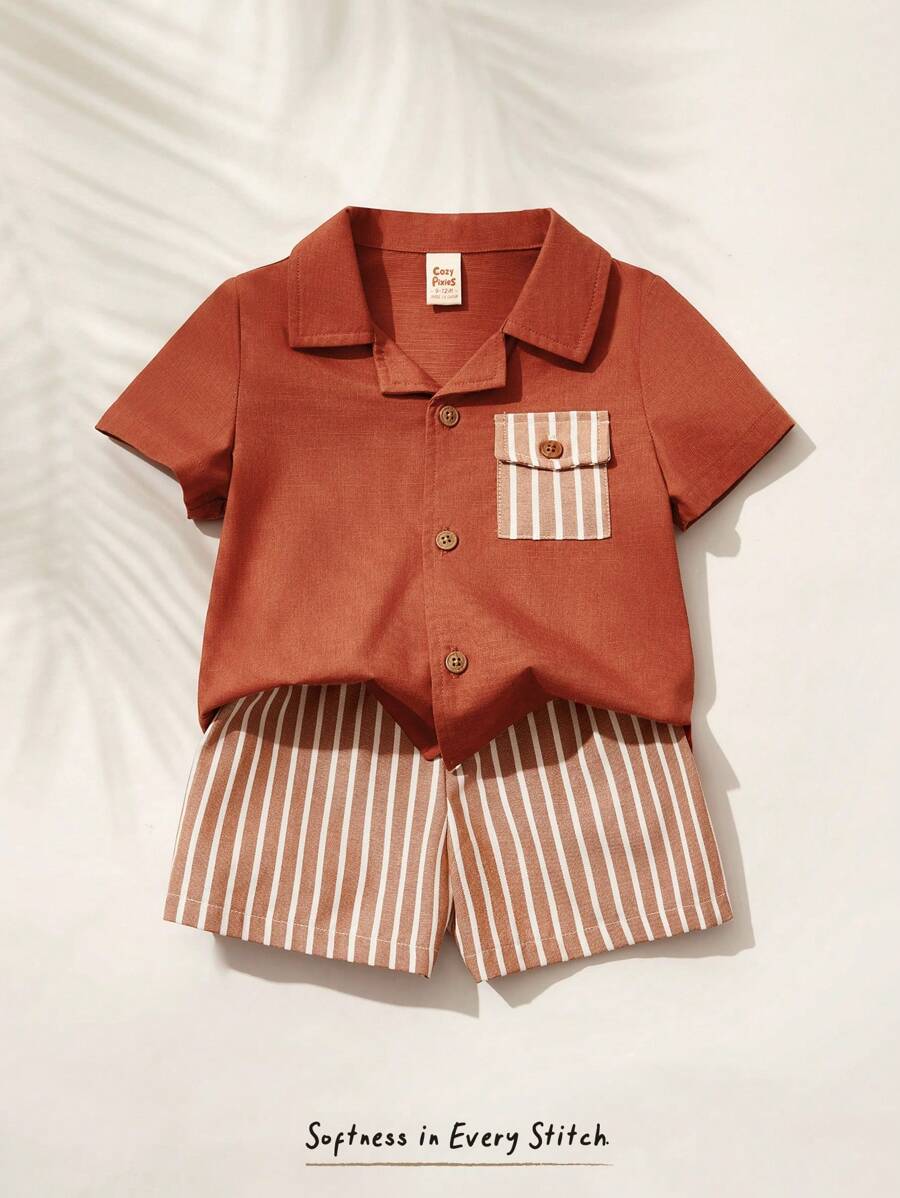 2pcs Baby Boy Decorative Pocket Lapel Short Sleeve Cardigan And Elastic Waist Shorts Redwood