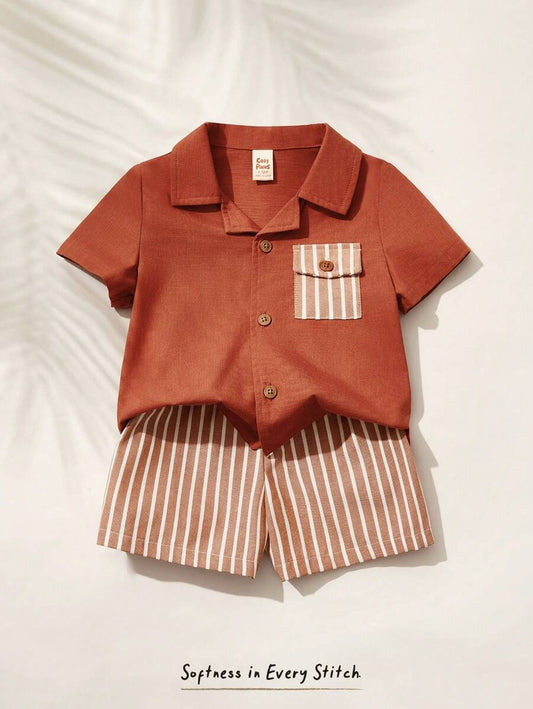 2pcs Baby Boy Decorative Pocket Lapel Short Sleeve Cardigan And Elastic Waist Shorts Redwood