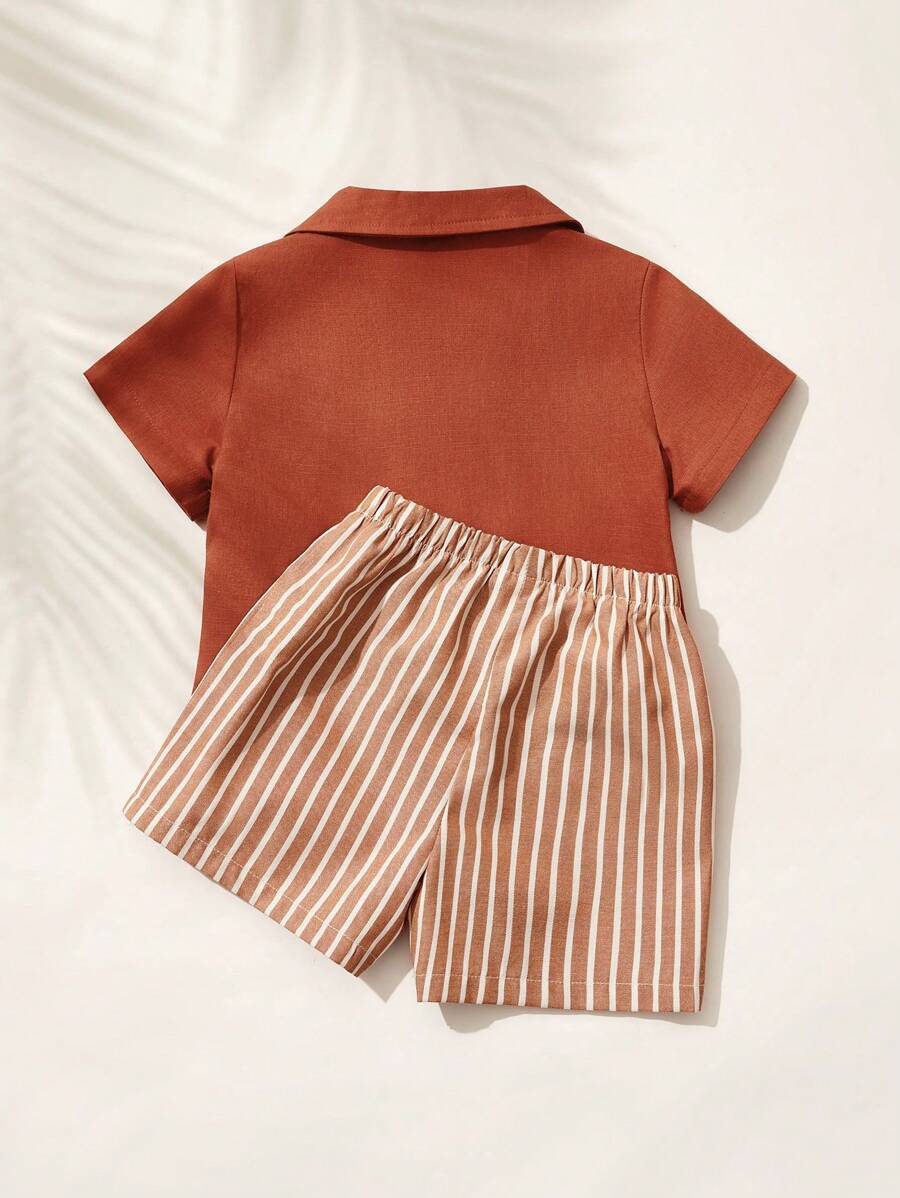 2pcs Baby Boy Decorative Pocket Lapel Short Sleeve Cardigan And Elastic Waist Shorts