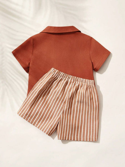 2pcs Baby Boy Decorative Pocket Lapel Short Sleeve Cardigan And Elastic Waist Shorts