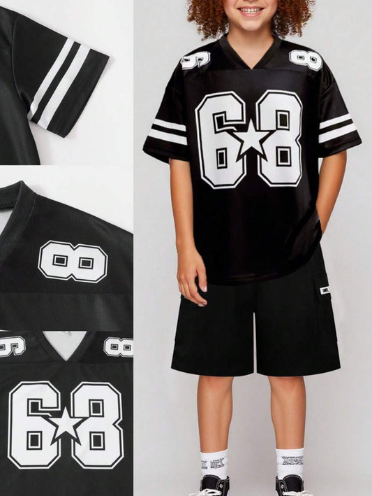 Unique Design 68 Number V-Neck American Football Style Casual Short Sleeve T-Shirt And Pocket Patched Shorts Black