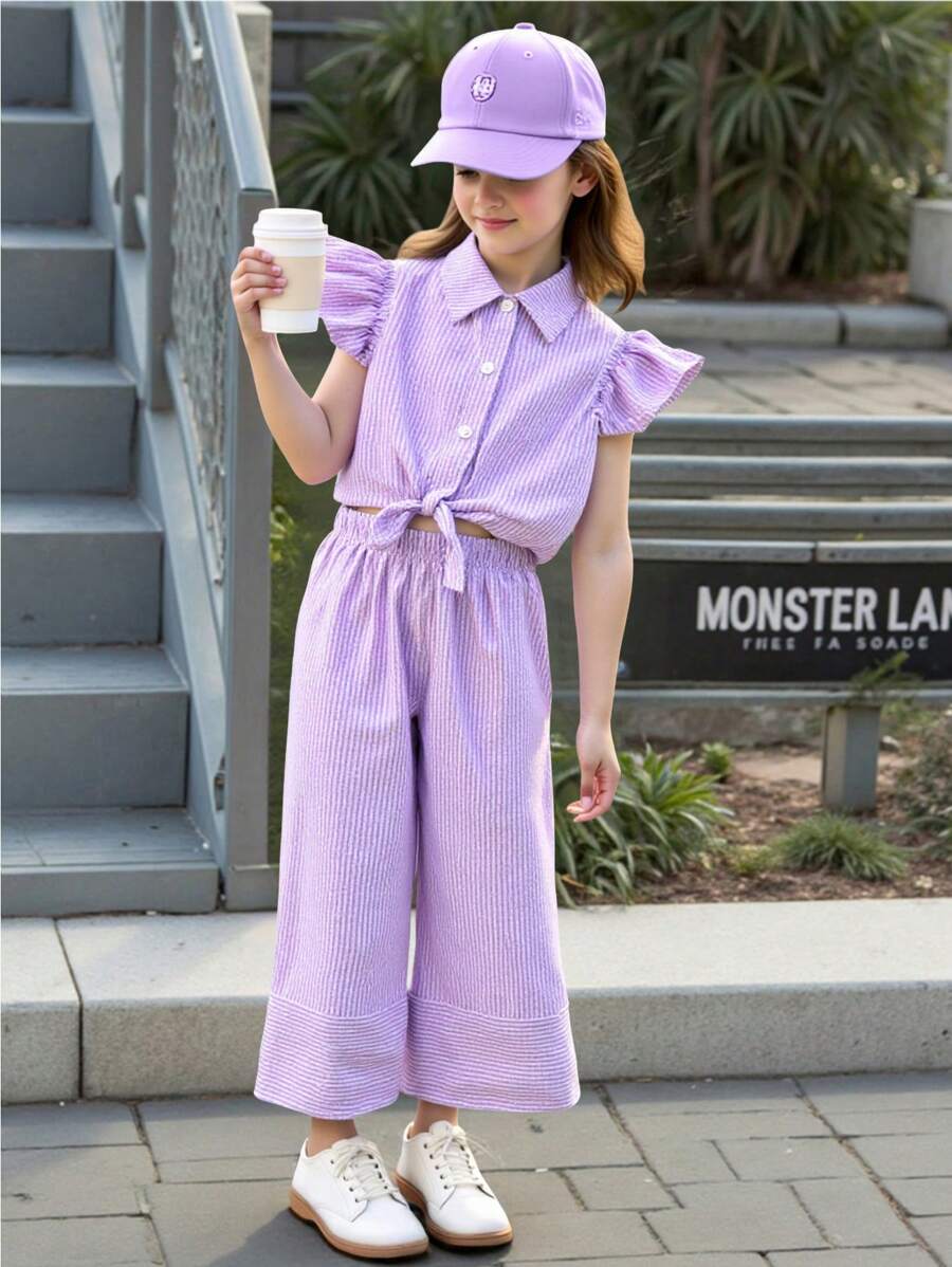 2pcs Young Girl Striped Cap Sleeve Button-Up Shirt And Pants Set Purple