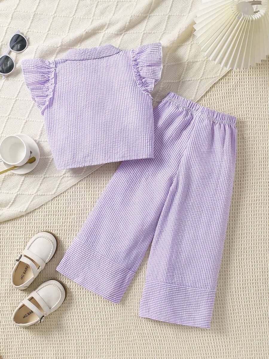 2pcs Young Girl Striped Cap Sleeve Button-Up Shirt And Pants Set
