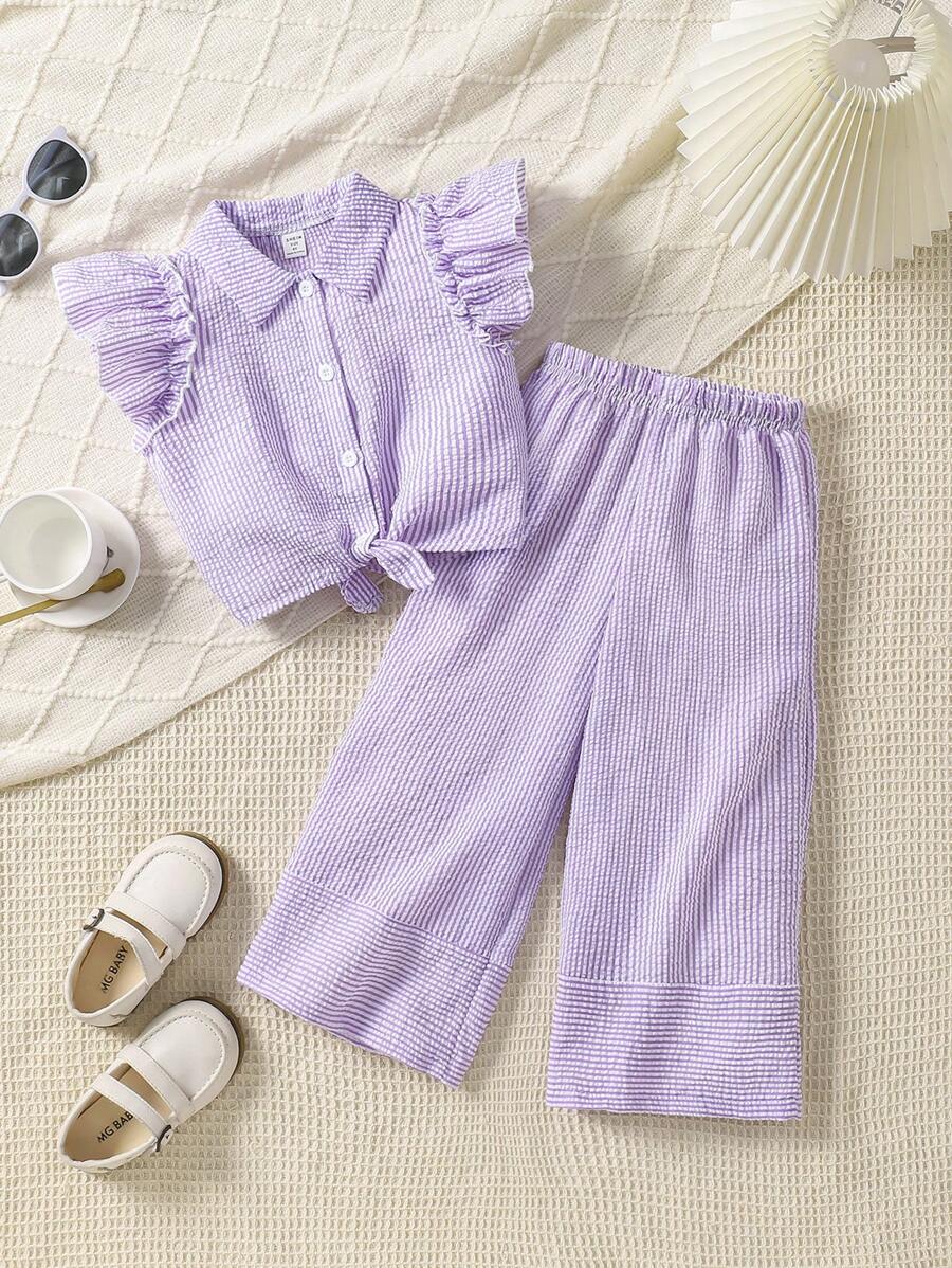 2pcs Young Girl Striped Cap Sleeve Button-Up Shirt And Pants Set