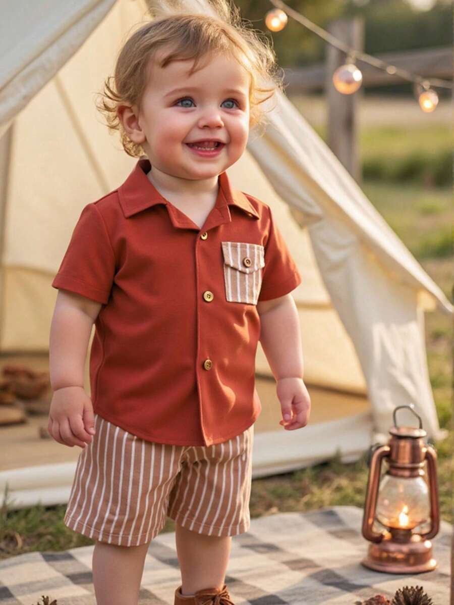 2pcs Baby Boy Decorative Pocket Lapel Short Sleeve Cardigan And Elastic Waist Shorts