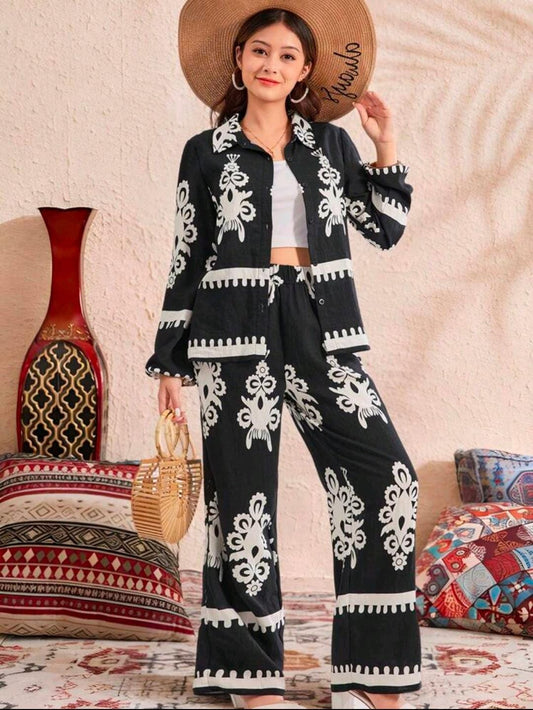 2pcs Boho Holiday Random Retro Print Front Button Long Sleeve Top And Pants Multicolor